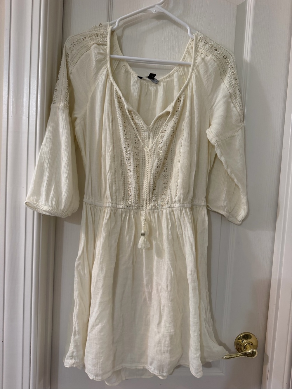 American Eagle Outfitters Cream Crochet-Trim Boho Mini Dress
